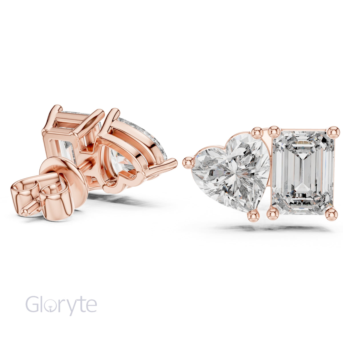 Heart & Emerald Cut Diamond Stud Earrings