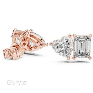 Heart & Emerald Cut Diamond Stud Earrings