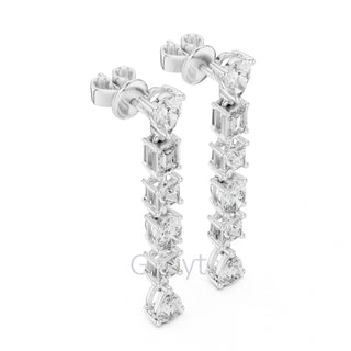 Elegant Multi-Cut Diamond Drop Earrings – Princess, Pear, Oval & Emerald Cuts