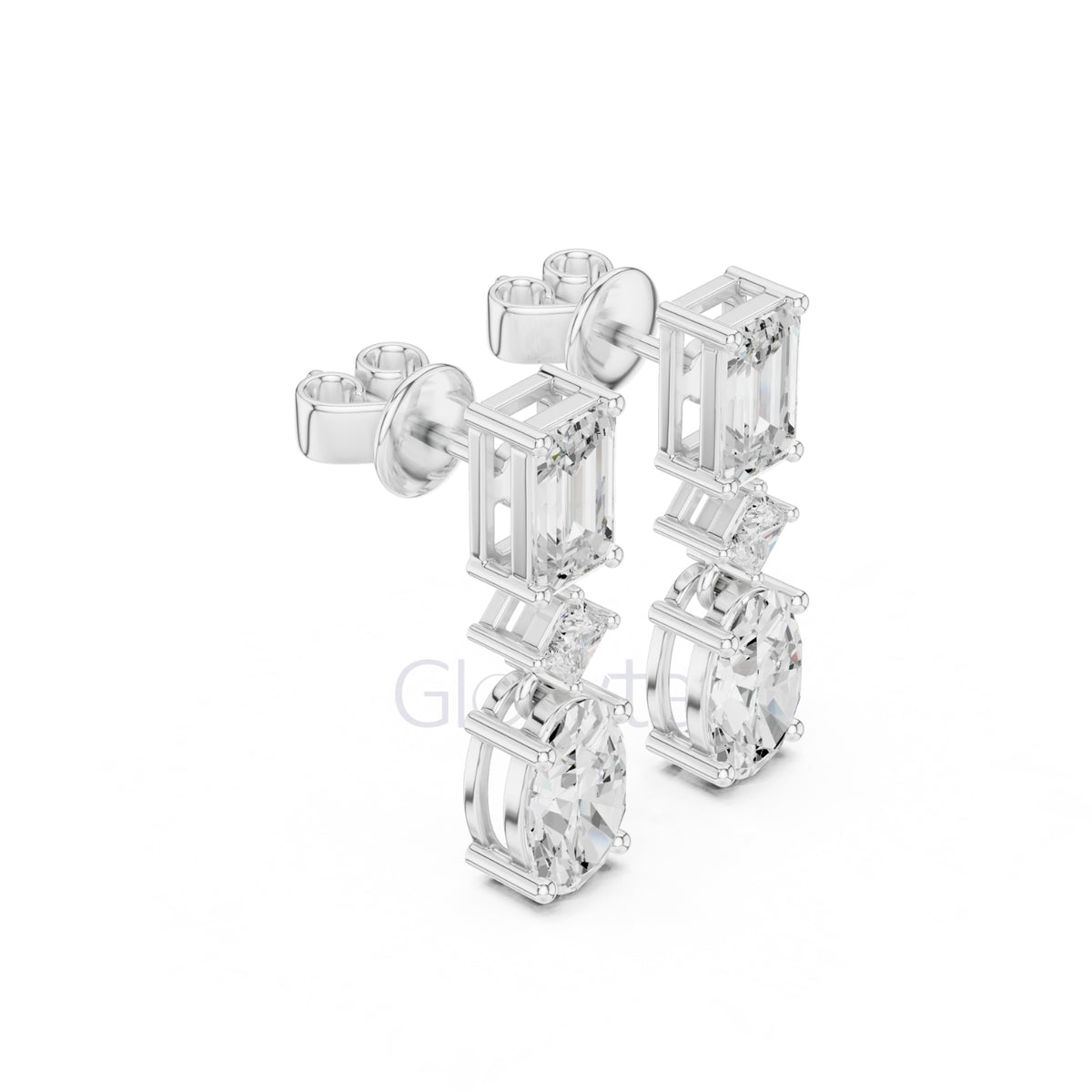Emerald, Princess & Oval Diamond Drop Earrings