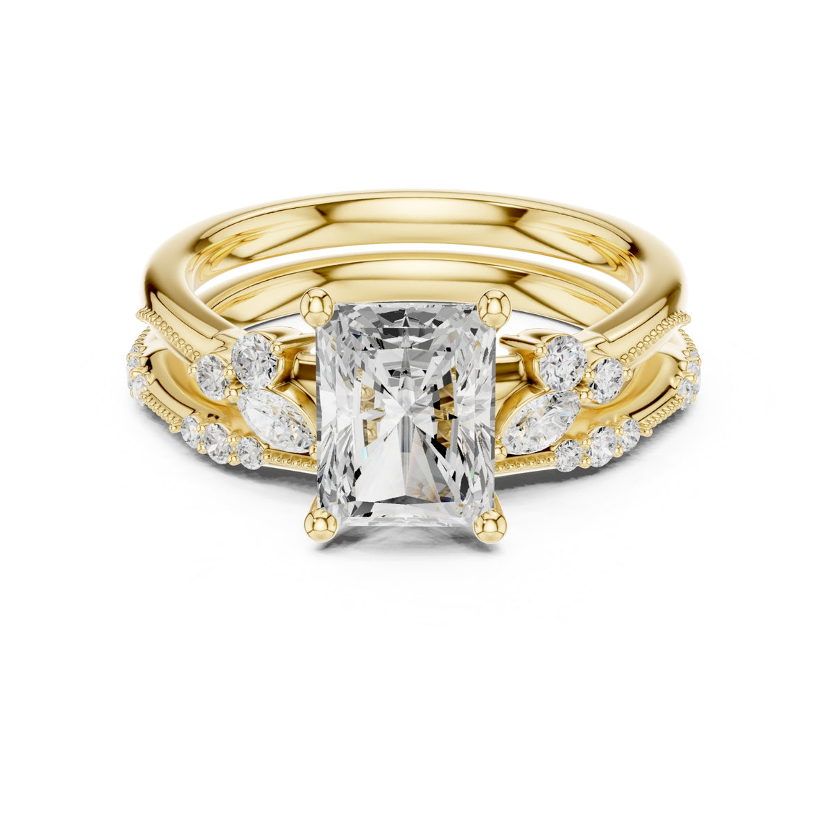 Elegant Diamond Bridal Set with Marquise & Round Accents – Vintage-Inspired Setting