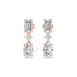 Emerald, Princess & Oval Diamond Drop Earrings