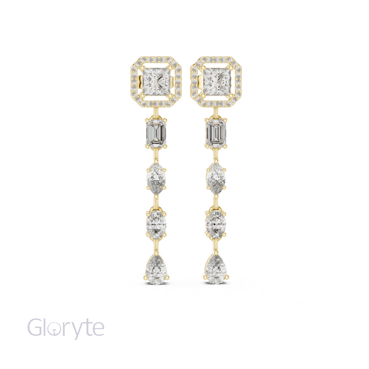 Princess Halo Cut Diamond Drop Earrings