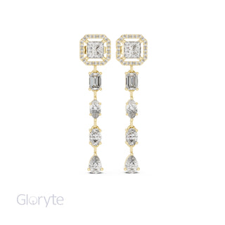 Princess Halo Cut Diamond Drop Earrings