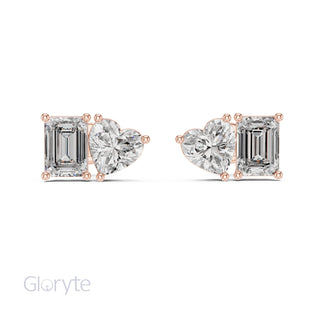 Heart & Emerald Cut Diamond Stud Earrings