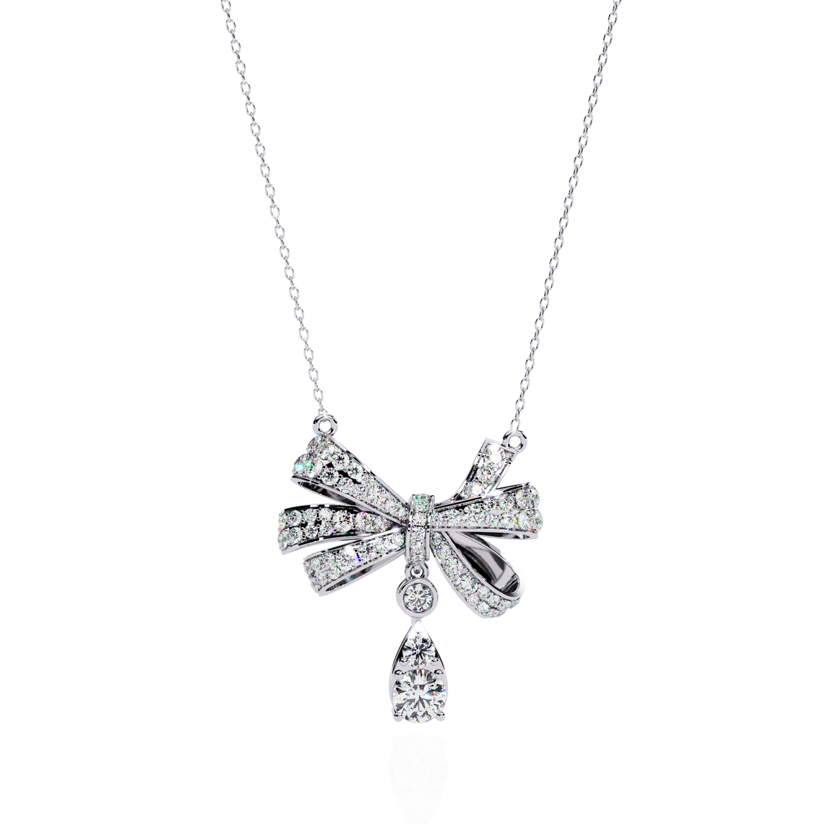 Diamond Bow Ribbon Pendant with Pear Drop
