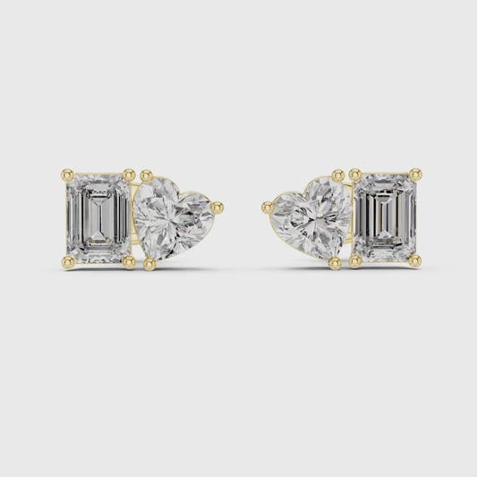 Heart & Emerald Cut Diamond Stud Earrings