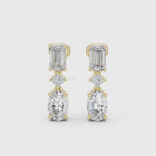 Emerald, Princess & Oval Diamond Drop Earrings