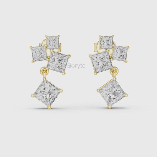 Princess Cut Cascading Diamond Drop Earrings – Modern Geometric Elegance