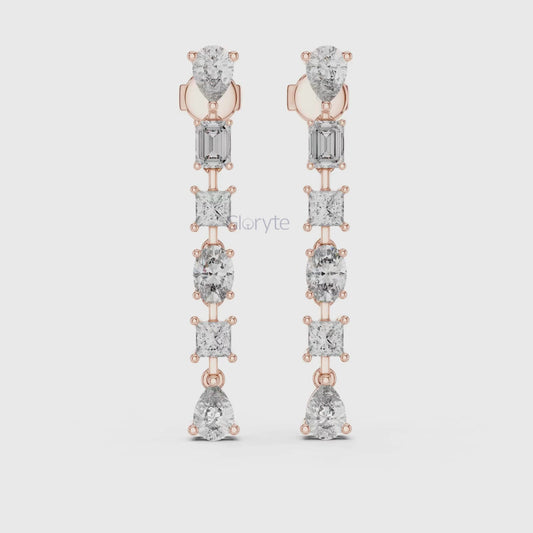 Elegant Multi-Cut Diamond Drop Earrings – Princess, Pear, Oval & Emerald Cuts