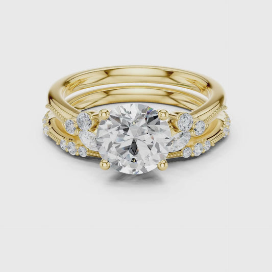 Elegant Diamond Bridal Set with Marquise & Round Accents – Vintage-Inspired Setting